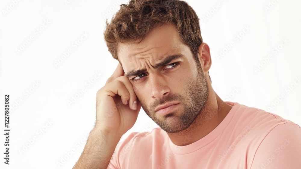 Thoughtful Man in Pink Shirt with Concerned Expression Thoughtful Man in Pink Shirt with Concerned Expression