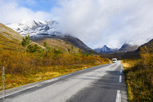 Motorhome camper in autumn in Trollstigen road in Norway, Europe photo