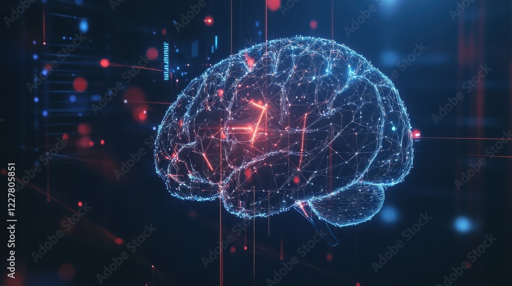 An abstract image of a human brain with dynamic neural connections and health metrics, set against a dark background, Conceptual style An abstract image of a human brain with dynamic neural connections and health metrics, set against a dark background, Conceptual style
