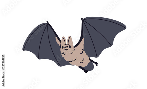 Flying bat. Cute night animal with funny face, wings. Halloween forest fauna ...
