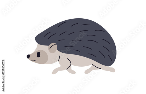 Running hedgehog in profile. Cute spiky forest animal rushing, racing at fast...