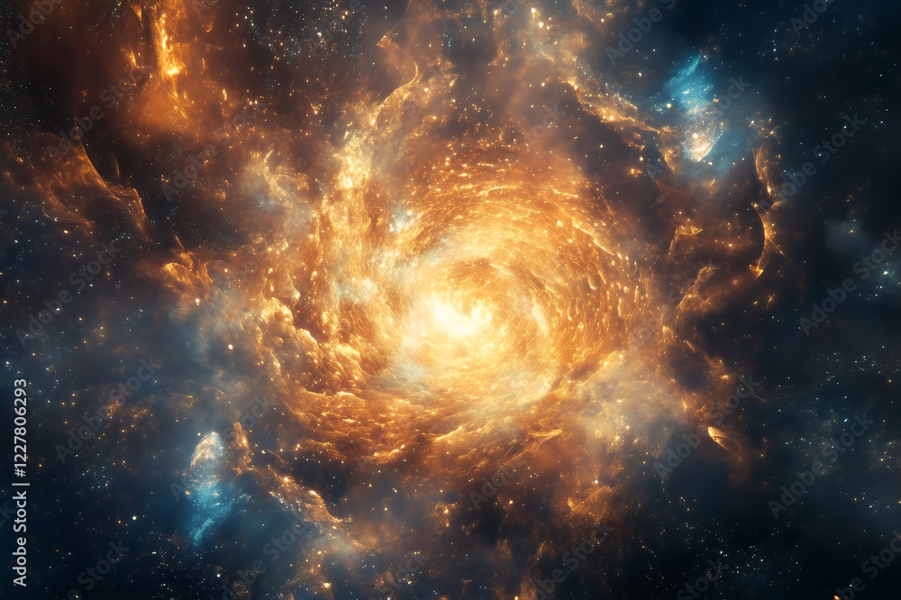 Fototapeta premium Cosmic Nebula Swirling Golden Hues In Deep Space