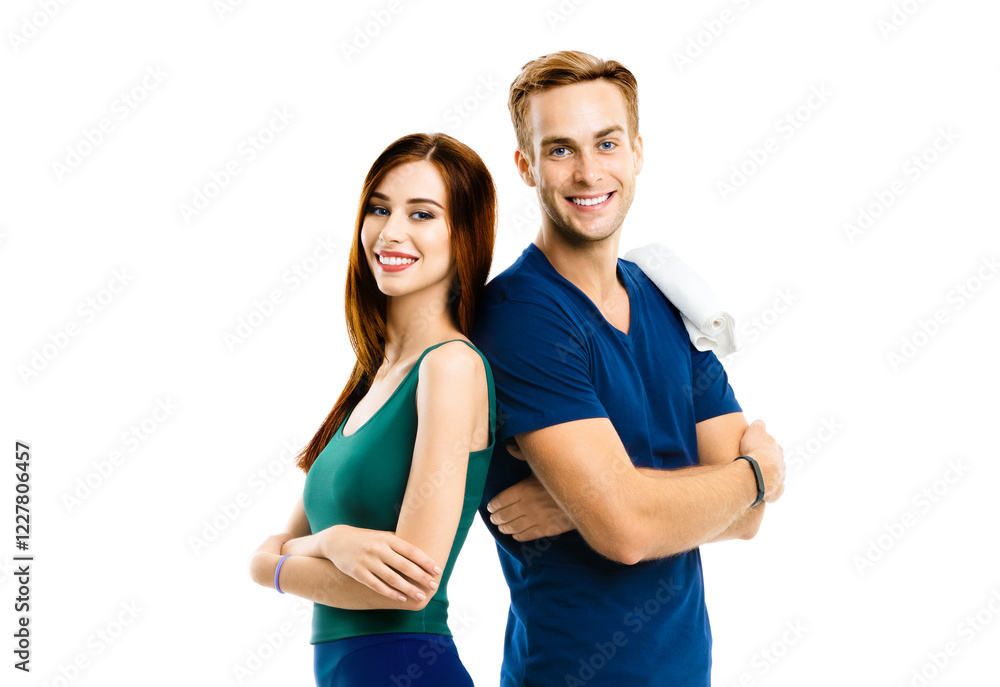 Portrait image of happy couple, friends, family, husband wife on fitness sport training. Woman, man, coach trainer, stand back to back isolate white background. Boyfriend girlfriend - studio concept. Portrait image of happy couple, friends, family, husband wife on fitness sport training. Woman, man, coach trainer, stand back to back isolate white background. Boyfriend girlfriend - studio concept.