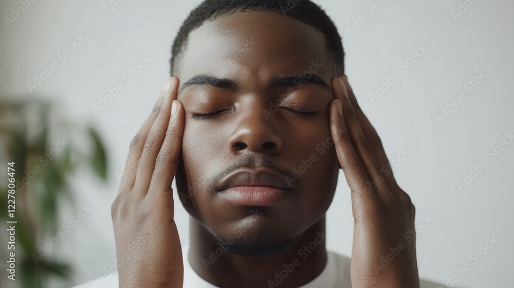 Calm Mind: Man Meditating with Hands on Face Calm Mind: Man Meditating with Hands on Face