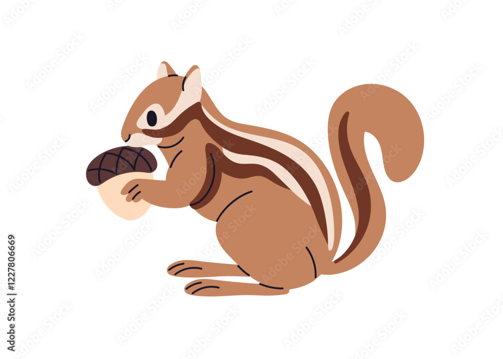 Chipmunk holding acorn. Cute striped rodent with tail, standing in profile, eating food Tiny small wild mammal, forest character with nut feed. Flat vector illustration isolated on white background Chipmunk holding acorn. Cute striped rodent with tail, standing in profile, eating food Tiny small wild mammal, forest character with nut feed. Flat vector illustration isolated on white background