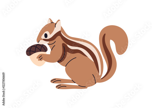 Chipmunk holding acorn. Cute striped rodent with tail, standing in profile, eating food Tiny small wild mammal, forest character with nut feed. Flat vector illustration isolated on white background