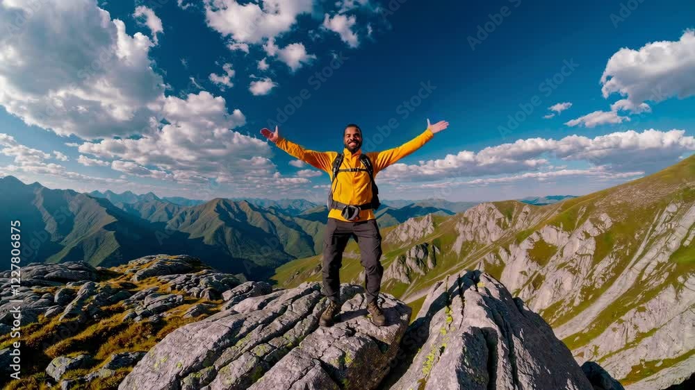 Happy Man Enjoying a Scenic Mountain View During a Hiking Adventure Happy Man Enjoying a Scenic Mountain View During a Hiking Adventure
