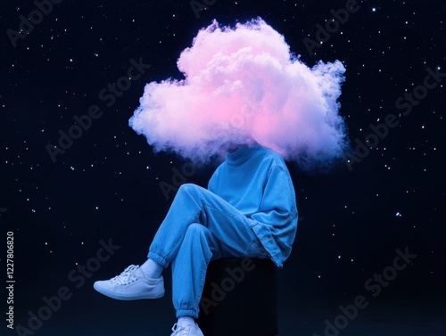 Person Sitting with Artistic Cloud Head Against Starry Background