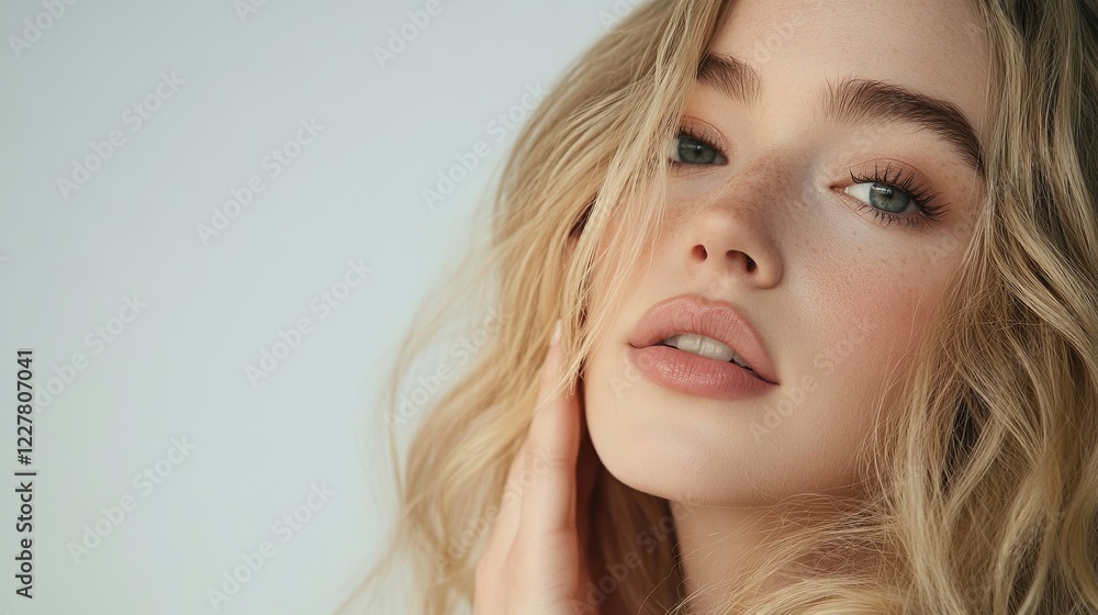 Fototapeta premium A close-up portrait of a beautiful young woman with blonde long hair gently touching her face, and a serene expression, showcasing natural beauty and elegance and tranquility, professional studio port