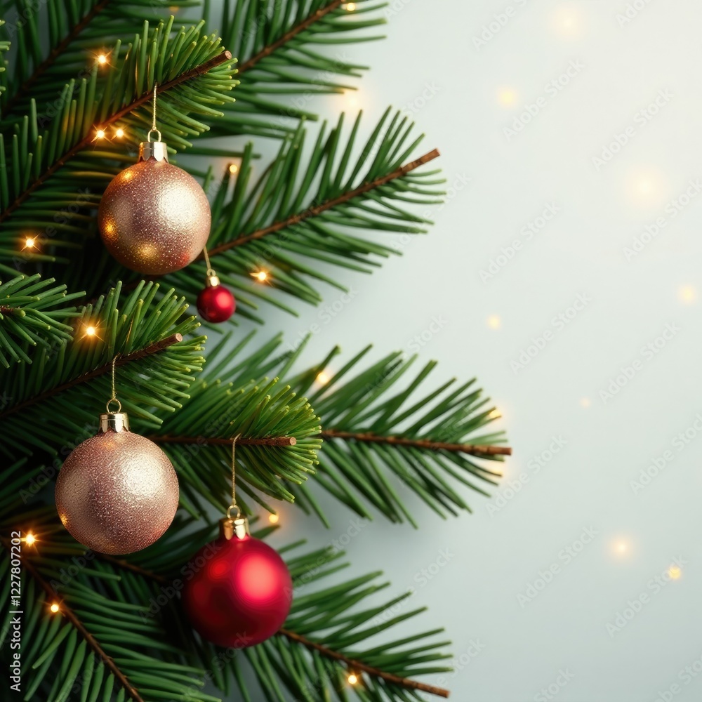 Obraz premium Palm leaves decorated with sparkling ornaments and lights, sparkly ornaments, winter wonderland