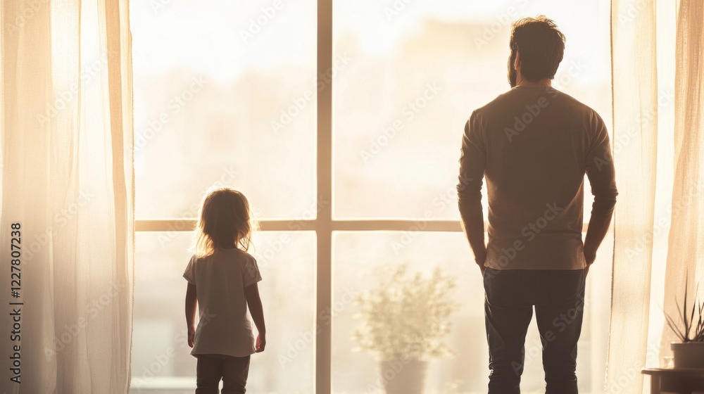 Fototapeta premium Father and son silhouetted against a sunlit window, looking outside.