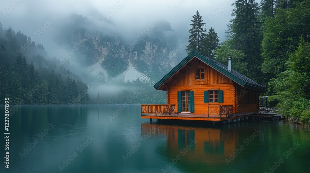 Fototapeta premium Misty lake cabin, mountain backdrop, calm water, serenity