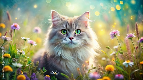 Cute British Longhair Cat Double Exposure Stock Photo - Floral Meadow