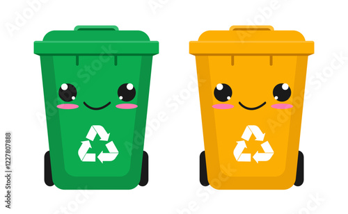 Green and Yellow plastic trash cans illustration. Isolated on a white background. Vector illustration in flat style.	
