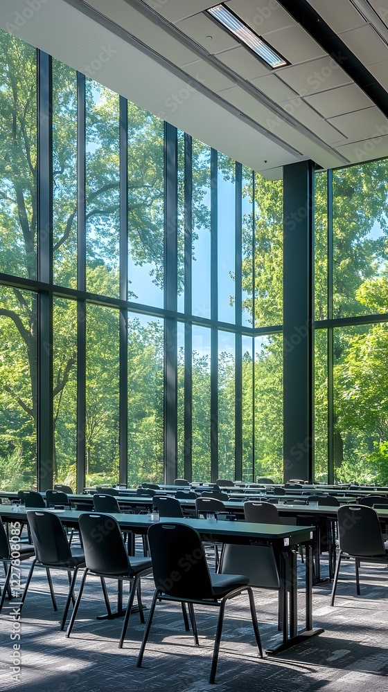 Fototapeta premium A large conference room with tables and chairs set up for an event. Large windows overlook the greenery of park