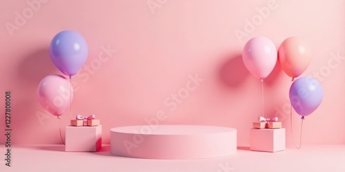 Pink Pastel Balloons, Gifts, and Cylindrical Display Stand on a Pink Background