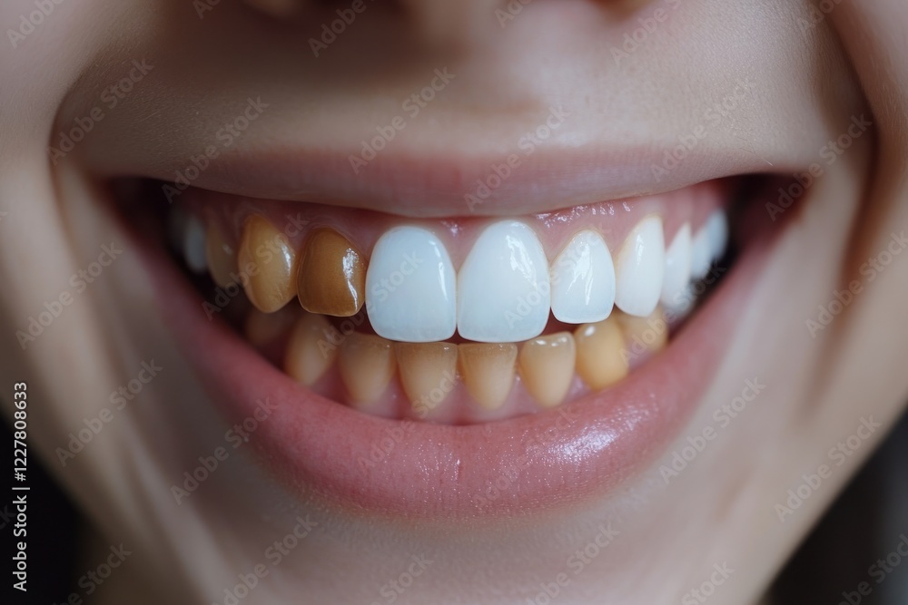 Fototapeta premium Close-up of smiling person showcasing teeth color comparison