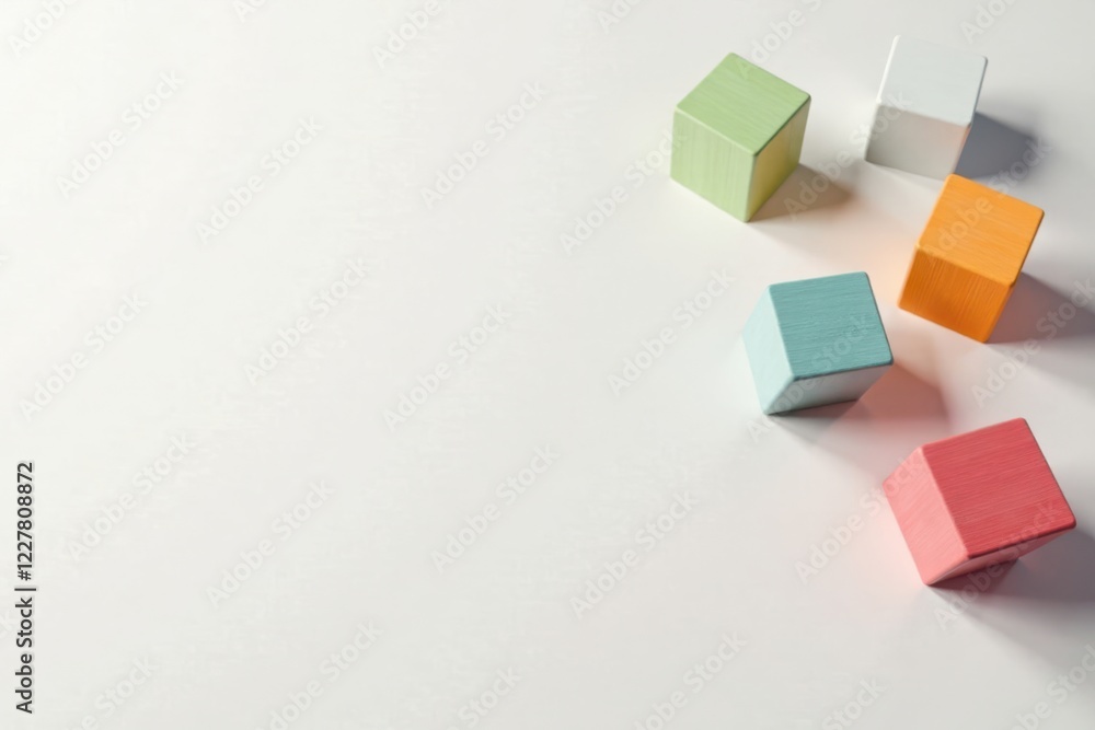 Pastel-colored cubes arranged asymmetrically on a white surface, suggesting concepts of creativity, building, and design Pastel-colored cubes arranged asymmetrically on a white surface, suggesting concepts of creativity, building, and design