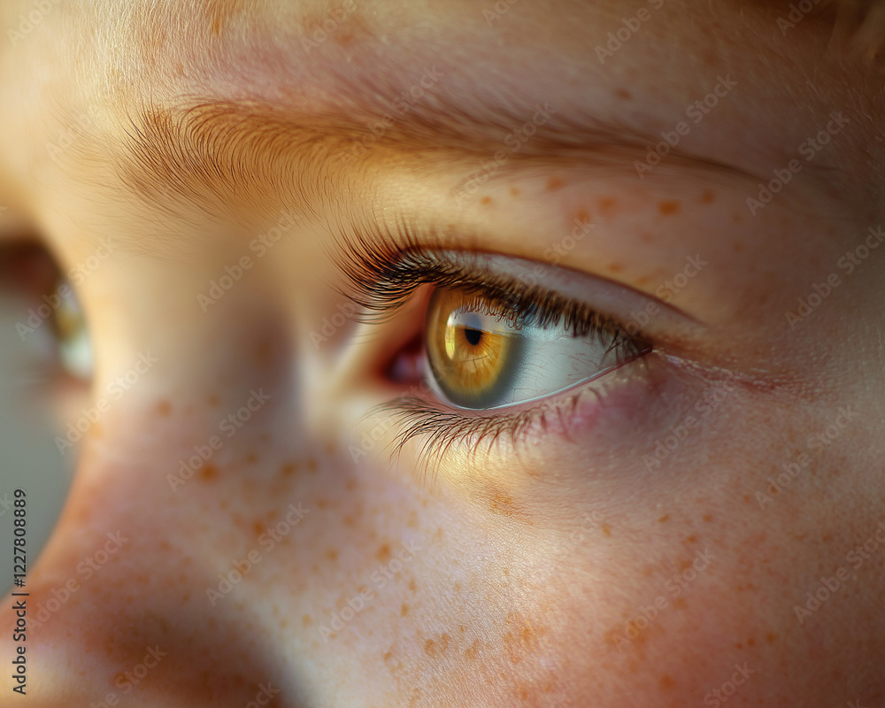 Close-up of child's freckled face and hazel eye in sunlight. Close-up of child's freckled face and hazel eye in sunlight.