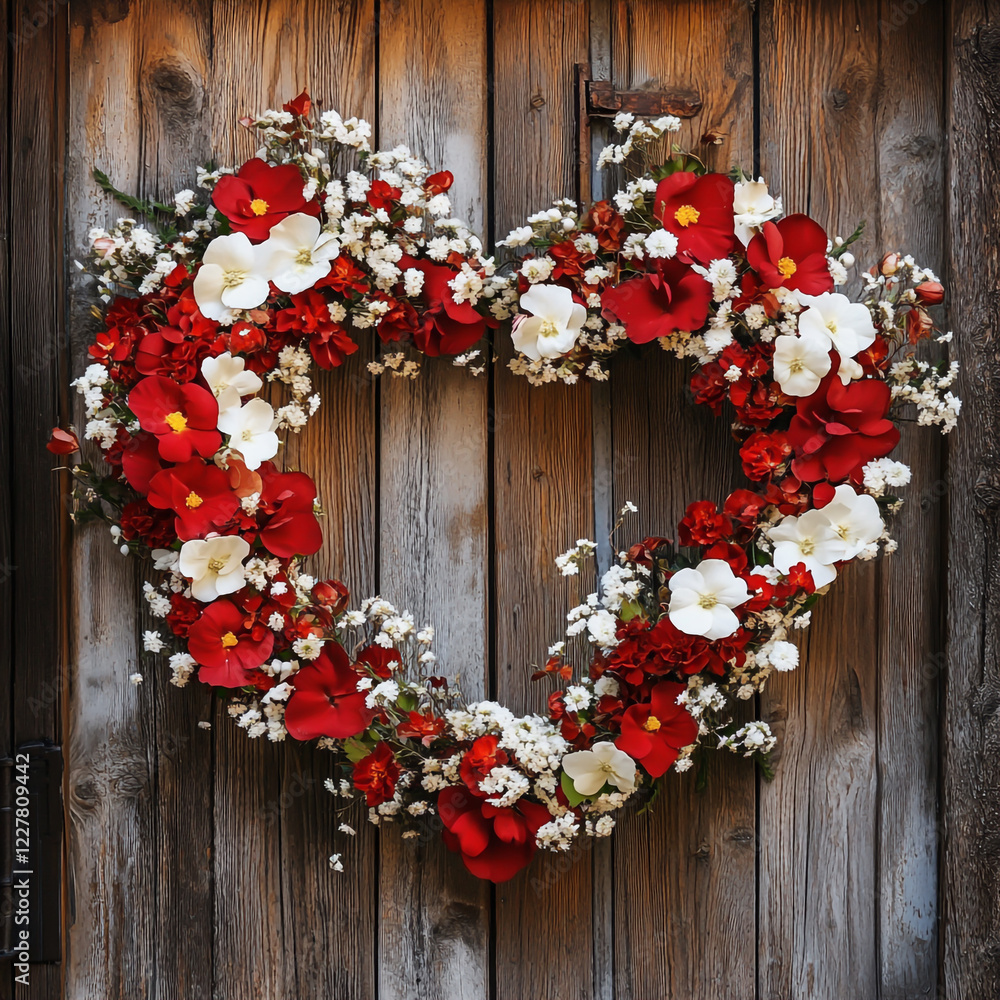 A heart-shaped wreath made of red and white flowers on a rustic door. A heart-shaped wreath made of red and white flowers on a rustic door.