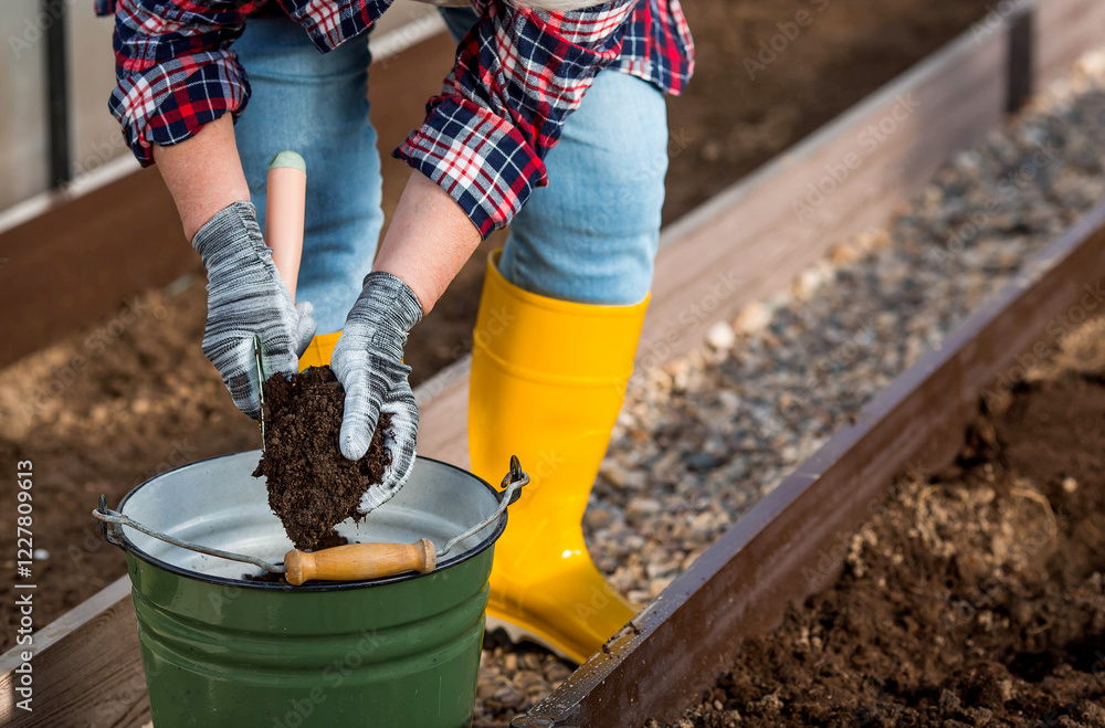 Fototapeta premium A woman farmer pours new soil, soil for a new greenhouse. The concept of spring planting of vegetables and farming.