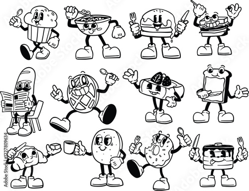 A collection of fun retro mascot illustrations featuring various breakfast and brunch foods such as muffins, coffee, pancakes, and sandwiches. These cheerful characters are ideal for branding cafes
