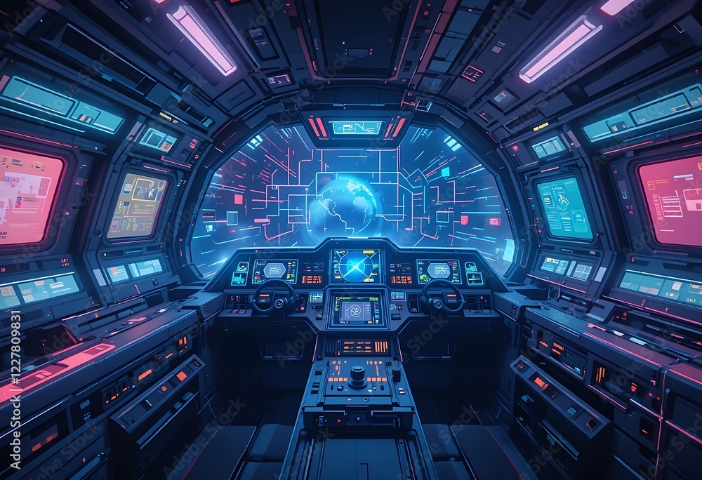 Futuristic Spaceship Cockpit With Global Network View Futuristic Spaceship Cockpit With Global Network View