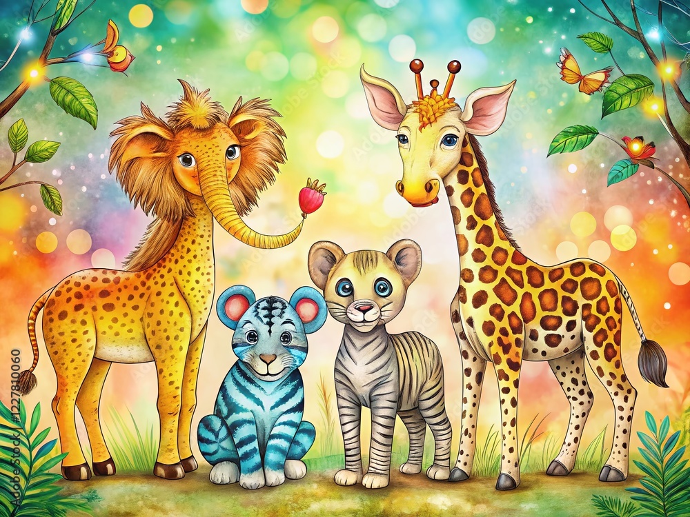 Fototapeta premium Cute Doodle Safari Animals: Hand-Drawn African Leopard, Giraffe, Elephant, Lion & Zebra Pattern for Fashion Prints