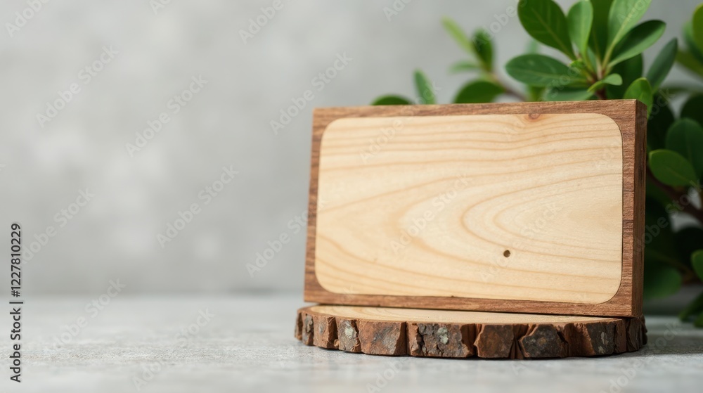 Fototapeta premium Blank Wooden Sign Resting on Rustic Wood Slice with Greenery