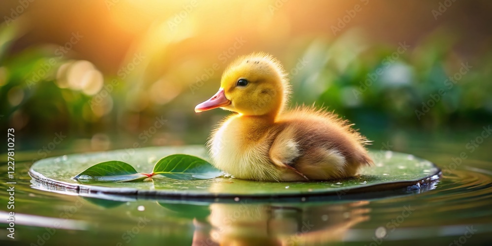 Cute Duckling Lily Pad Boat Ride Tranquil Pond Minimalist Photography Cute Duckling Lily Pad Boat Ride Tranquil Pond Minimalist Photography