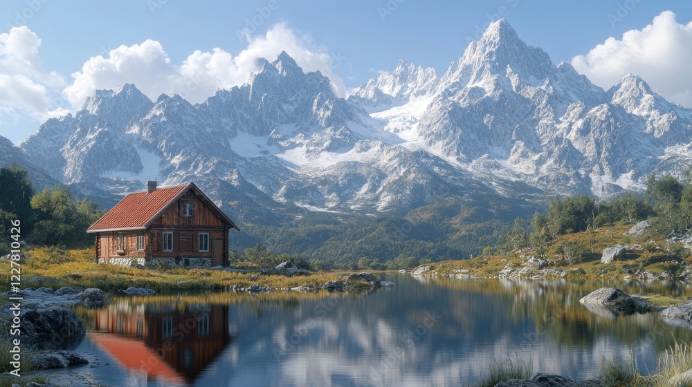 Mountain cabin lake reflection, autumn serenity Mountain cabin lake reflection, autumn serenity