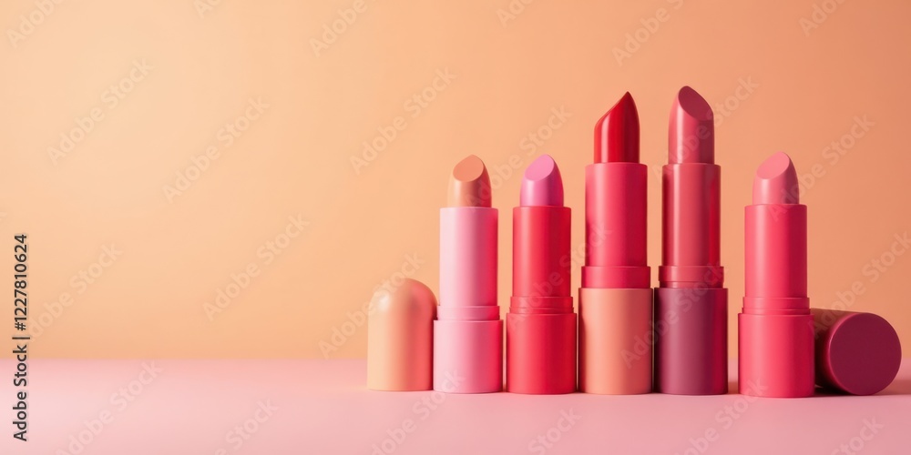 A vibrant collection of lipstick tubes in various shades of pink and red, arranged on a soft pink surface against a peach background A vibrant collection of lipstick tubes in various shades of pink and red, arranged on a soft pink surface against a peach background
