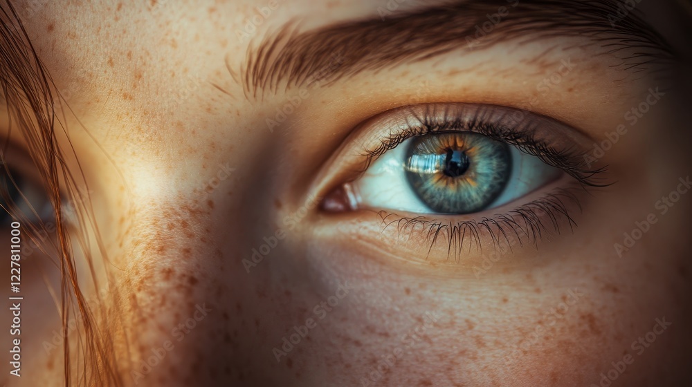 Fototapeta premium Close-Up of a Blue Eye with Freckles and Natural Light Highlights