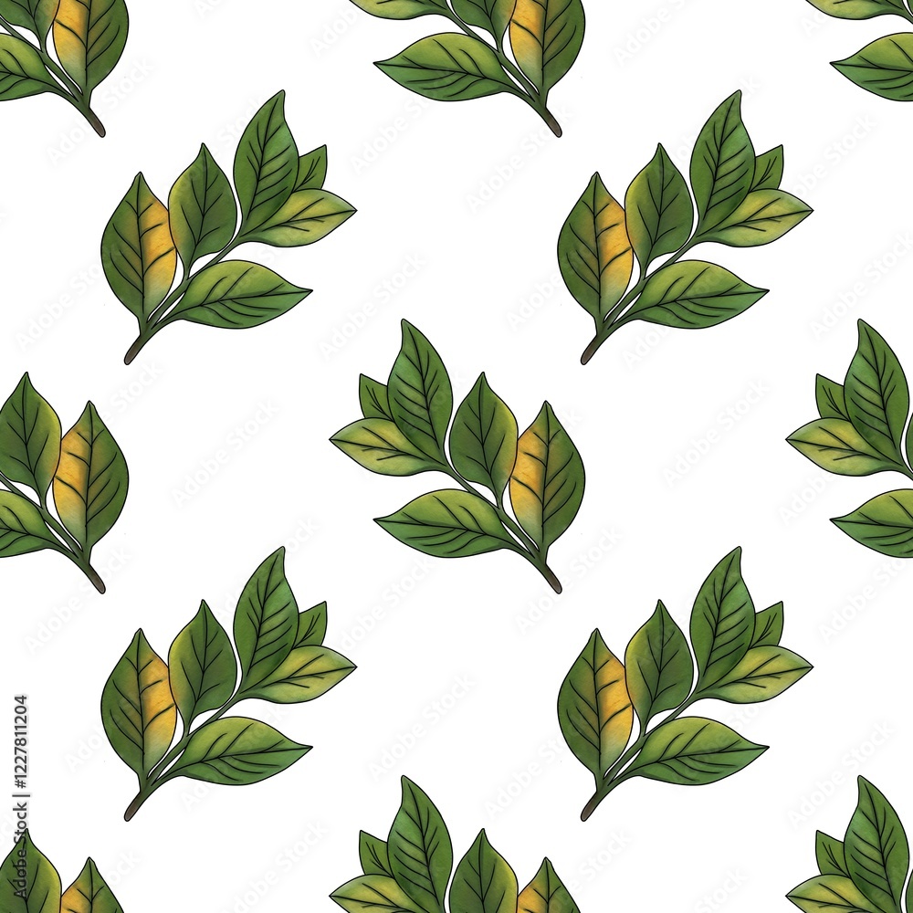 Seamless Pattern Tea Leaves Small Design on White Background Seamless Pattern Tea Leaves Small Design on White Background