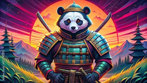 Cute Japanese Warrior Panda T-Shirt Design,  Adorable Anime Style Panda Samurai Illustration photo