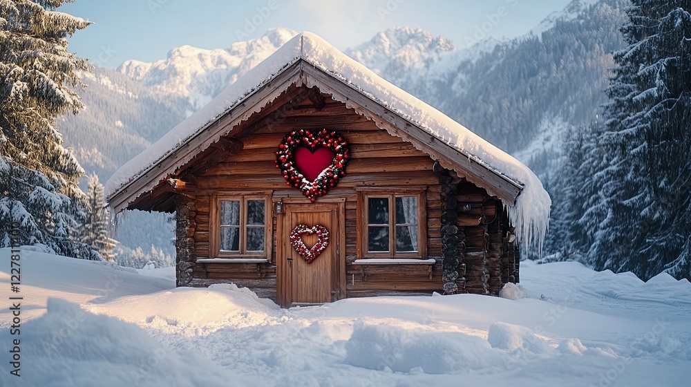 Cozy Cabin Getaway Mountain Cabin with Heart Shaped Wreath Cozy Cabin Getaway Mountain Cabin with Heart Shaped Wreath
