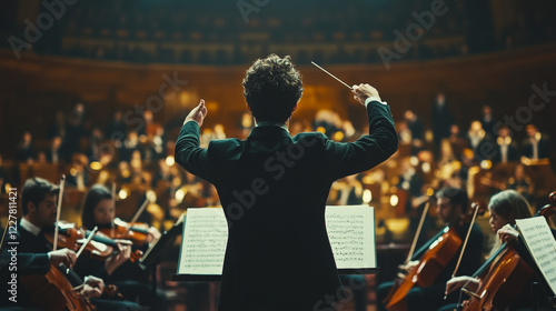 An orchestral composer standing in front of a grand symphony orchestra, directing the musicians with their baton as they bring their latest composition to life