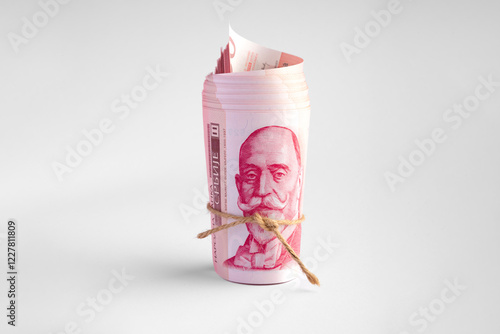 A bundle of Serbian dinar banknotes rolled up and isolated on a white background, a stack of 1000 dinar banknotes wrapped with twine.