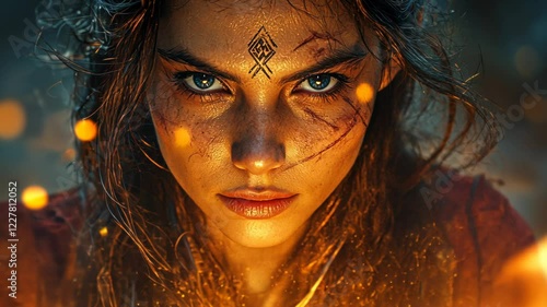 Intense portrait of a mystical warrior with intricate markings, surrounded by glowing embers