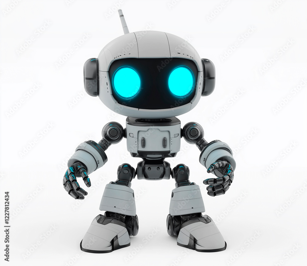 Futuristic robot with glowing blue eyes standing Futuristic robot with glowing blue eyes standing