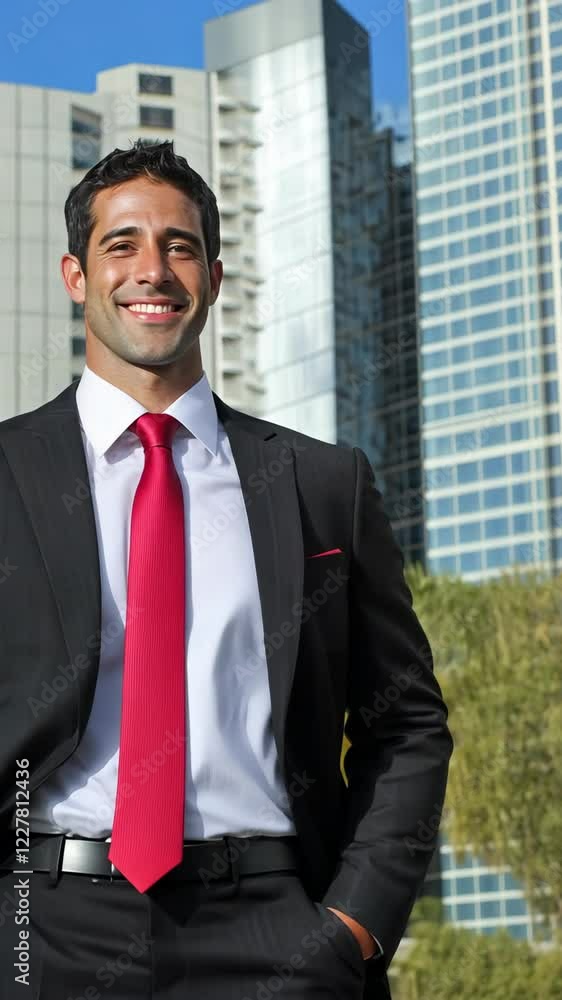 Business professional standing confidently in urban setting surrounded by modern buildings during daylight hours Business professional standing confidently in urban setting surrounded by modern buildings during daylight hours