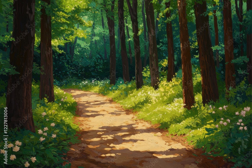 Fototapeta premium Lush Woodland Pathway Surrounded By Vibrant Greenery And Sunlight Filtering Through The Trees