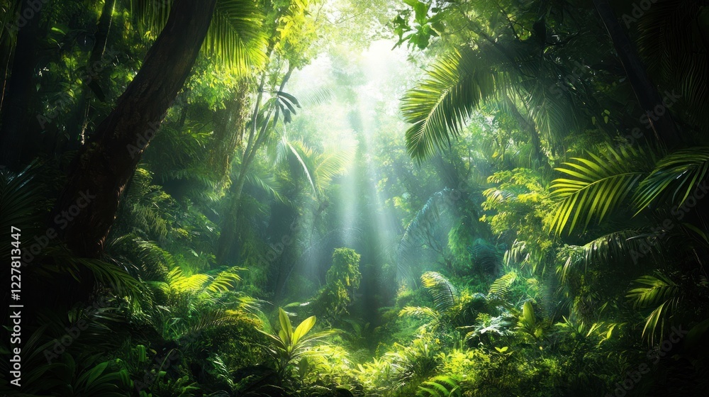 Fototapeta premium Lush Tropical Rainforest: Sunlight Through Canopy