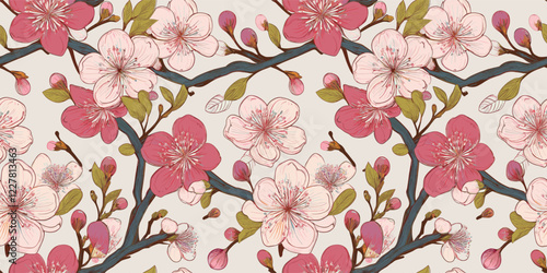 A seamless floral design featuring vivid red, yellow, and white blossoms with intricate branches on a soft, neutral background, perfect for decorative and artistic applications.