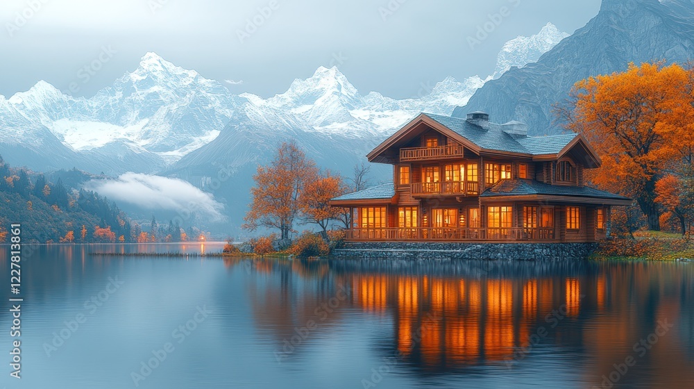Fototapeta premium Mountain lake autumn chalet sunset reflection