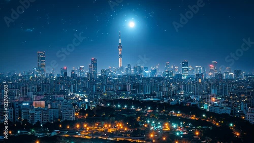 Wallpaper Mural Night view of a vibrant city skyline with a towering structure under moonlight Torontodigital.ca