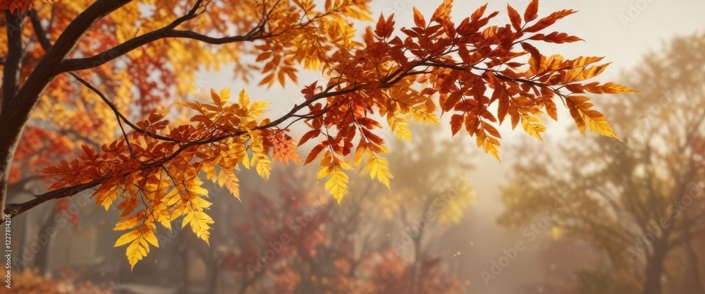 A colorful autumn branch with vibrant leaves against a warm background, foliage, nature, colors A colorful autumn branch with vibrant leaves against a warm background, foliage, nature, colors