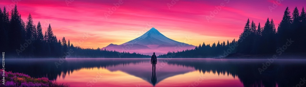 Fototapeta premium Majestic Pointed Mountain Reflected in Calm Lake at Sunrise Surrounded by Serene Pine Trees and Soft Fog in an Idyllic Landscape
