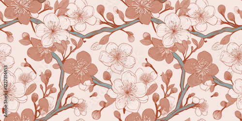 A seamless floral design featuring vivid red, yellow, and white blossoms with intricate branches on a soft, neutral background, perfect for decorative and artistic applications.