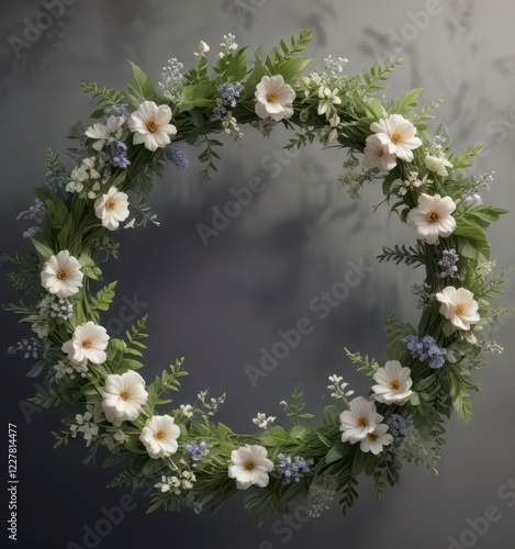 Floral wreath with delicate flowers and lush greenery, flowers,  floral arrangements,  wedding stationery